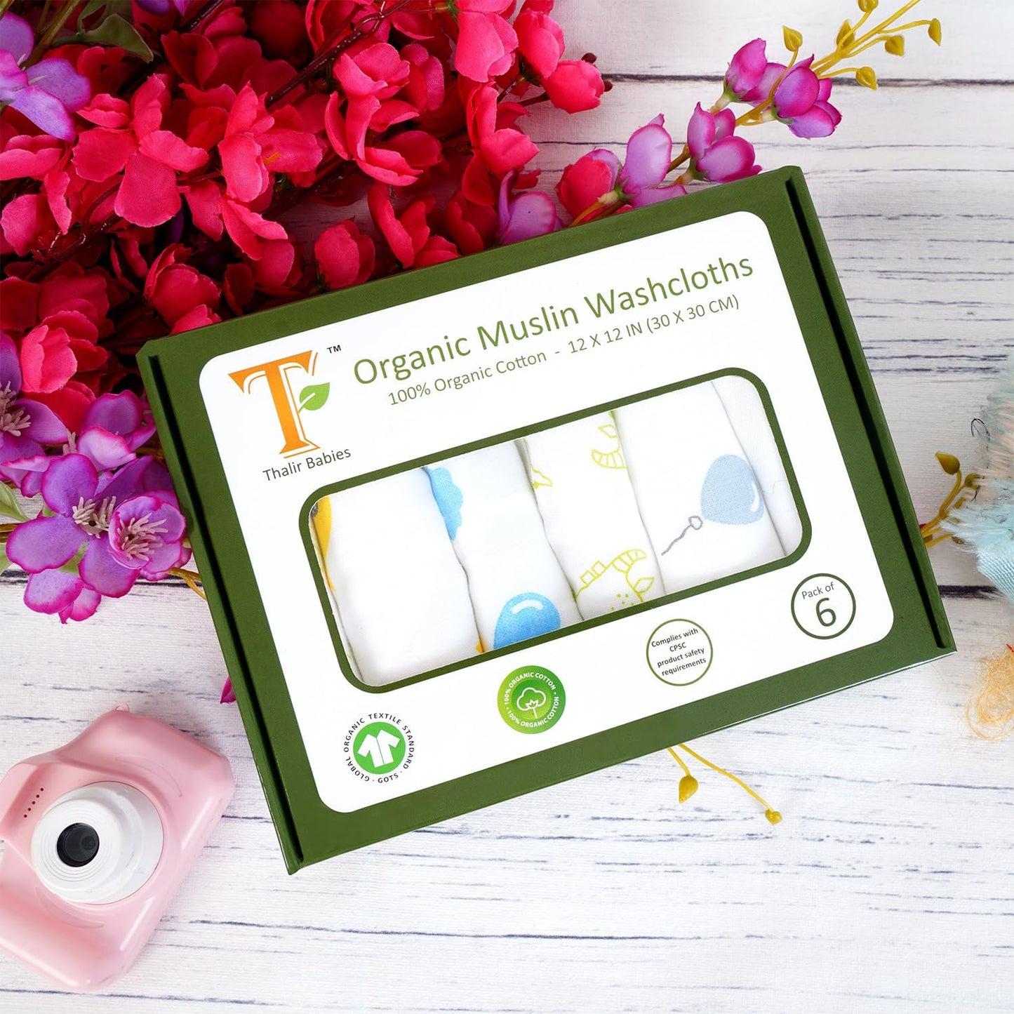 T 100% Organic Muslin Cotton Baby Washcloths - GOTS Certified - complies with CPC - Pack of 6 (White Base, Sea2Sky)