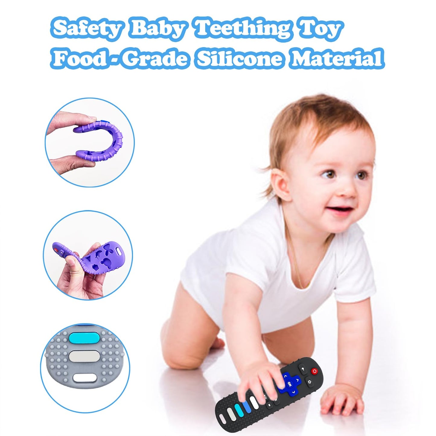 Baby Teething Toys, Food Grade Silicone Teether for Babies 3 6 12 18 Months, TV Remote Shape Toddlers Chew Toys, Freezer BPA Free (Blue+Beige)