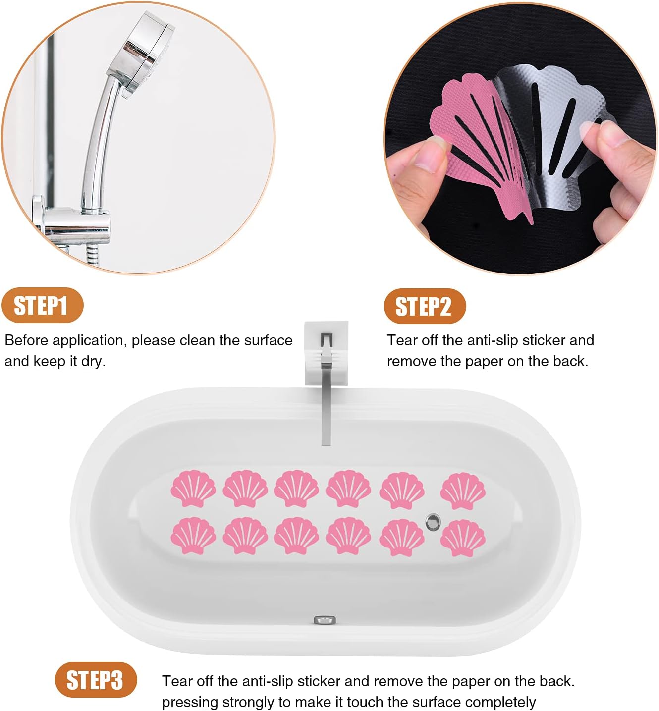 Non-Slip Bathtub Stickers, 24 PCS Shell Safety Bathroom Tubs Showers Treads Adhesive Decals Scraper (Pink)