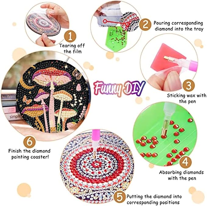 Zythron 8 Pack Diamond Art Coasters, Mushroom Diamond Painting Coasters Kits |