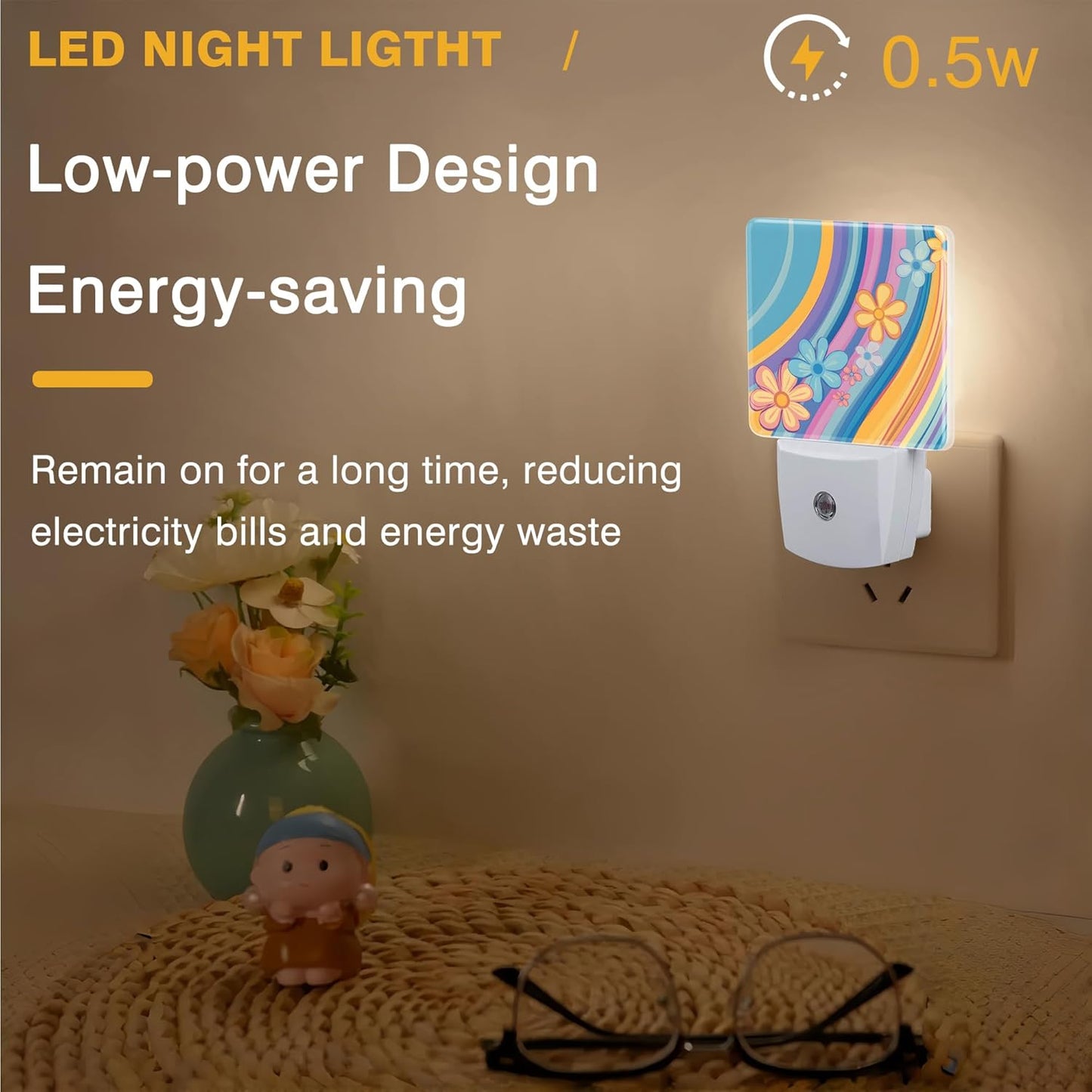 Night Light Retro Rainbow Wavy Floral Night Lights Plug into Wall Smart Dusk to Dawn Sensor 0.5W Energy Efficient Led Lamp for Men Women Bedroom Bathroom Hallway Stairway Decor