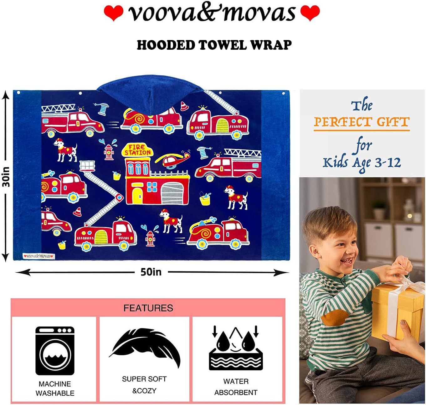 VOOVA & MOVAS Kids Bath Towels Age 3-10, 30''X50, Soft | Thick | 100% Cotton, Beach | Pool | Bath | Swim Towels | Cover Up for Boys, Blue Fire Truck Theme