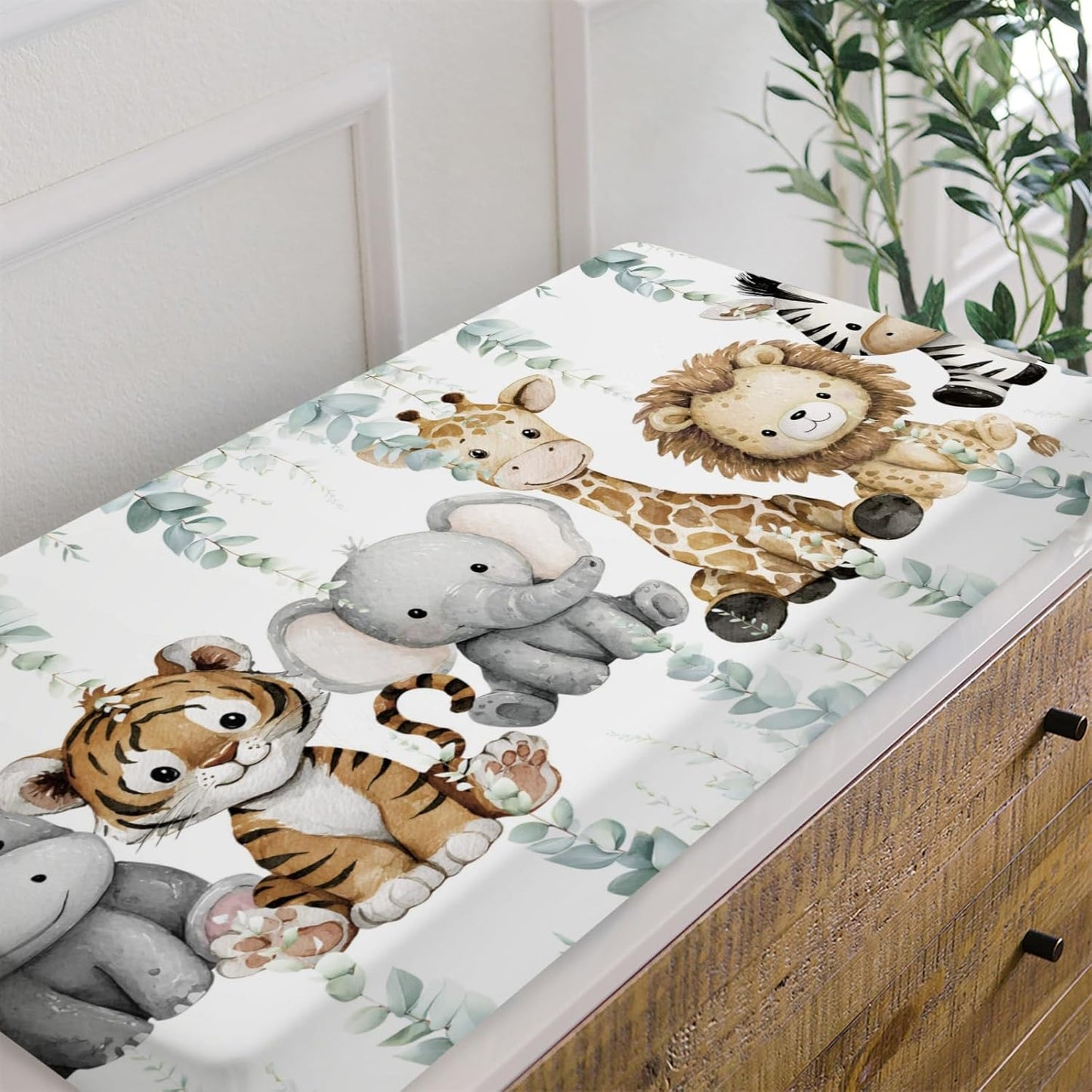 HawSkgFub African Safari Jungle Animals Eucalyptus Leaf Changing Pad Cover Baby Girl Boy, Giraffe Elephant Leopard Lion Zebra Diaper Change Table Sheet Soft Stretchy Safe Snug Fitted Fit 32"/34" x 16"