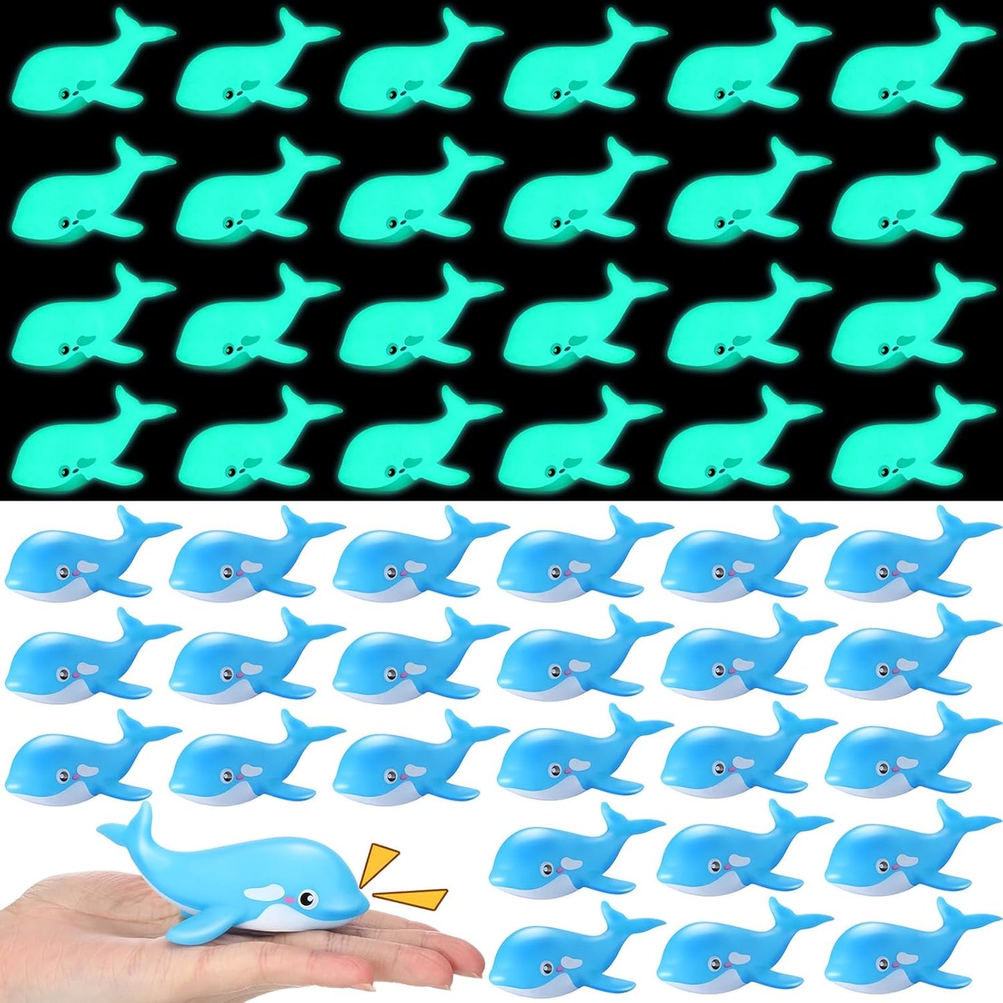 HyDren 48 Pcs Glow in The Dark Rubber Whale Bulk Squeaky Rubber Whale Luminous Mini Sea Animal Toys Bathtub Favors for Classroom Operation Christmas Basket Stuffers Child Gift Bulk(Blue)