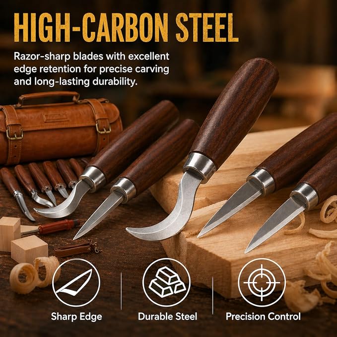 Deluxe Wood Carving Kit, High-Carbon Steel Knives, Safety Gloves, Woodworking