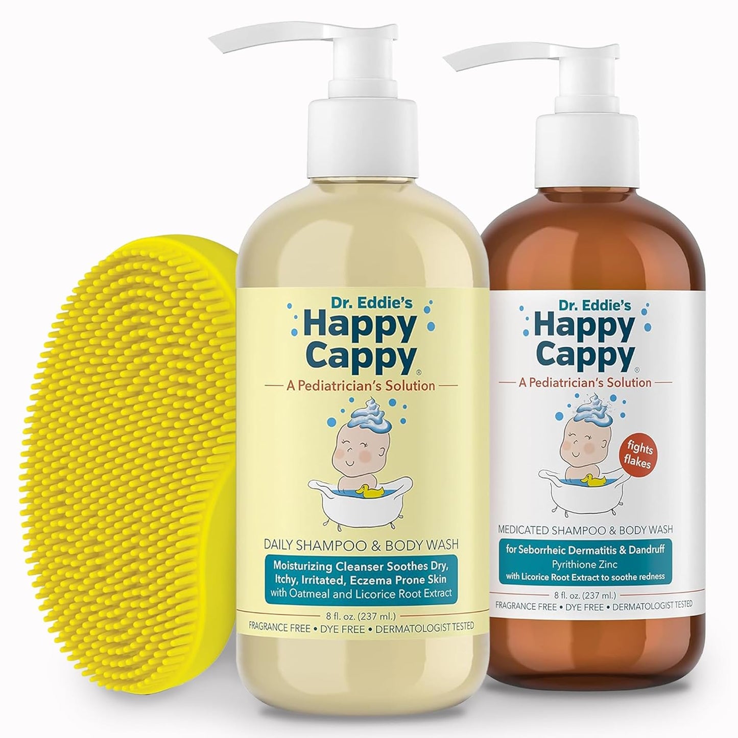 Happy Cappy Medicated and Daily Shampoo and Beanie Brush Bundle - Baby Dandruff Shampoo, Cradle Cap Brush for Babies, Toddlers, Helps Cradle Cap and Seborrheic Dermatitis, Fragrance-Free - 3 Pieces