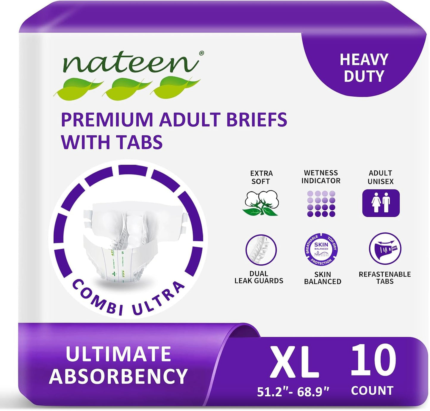 Nateen Combi Ultra Adult Diapers with Tabs for Women and Men, Ultimate Absorbency Protective Incontinence Briefs, Heavy Duty, Leakproof and Skin-Friendly Incontinence Underwear.Extra-Large, 10Count