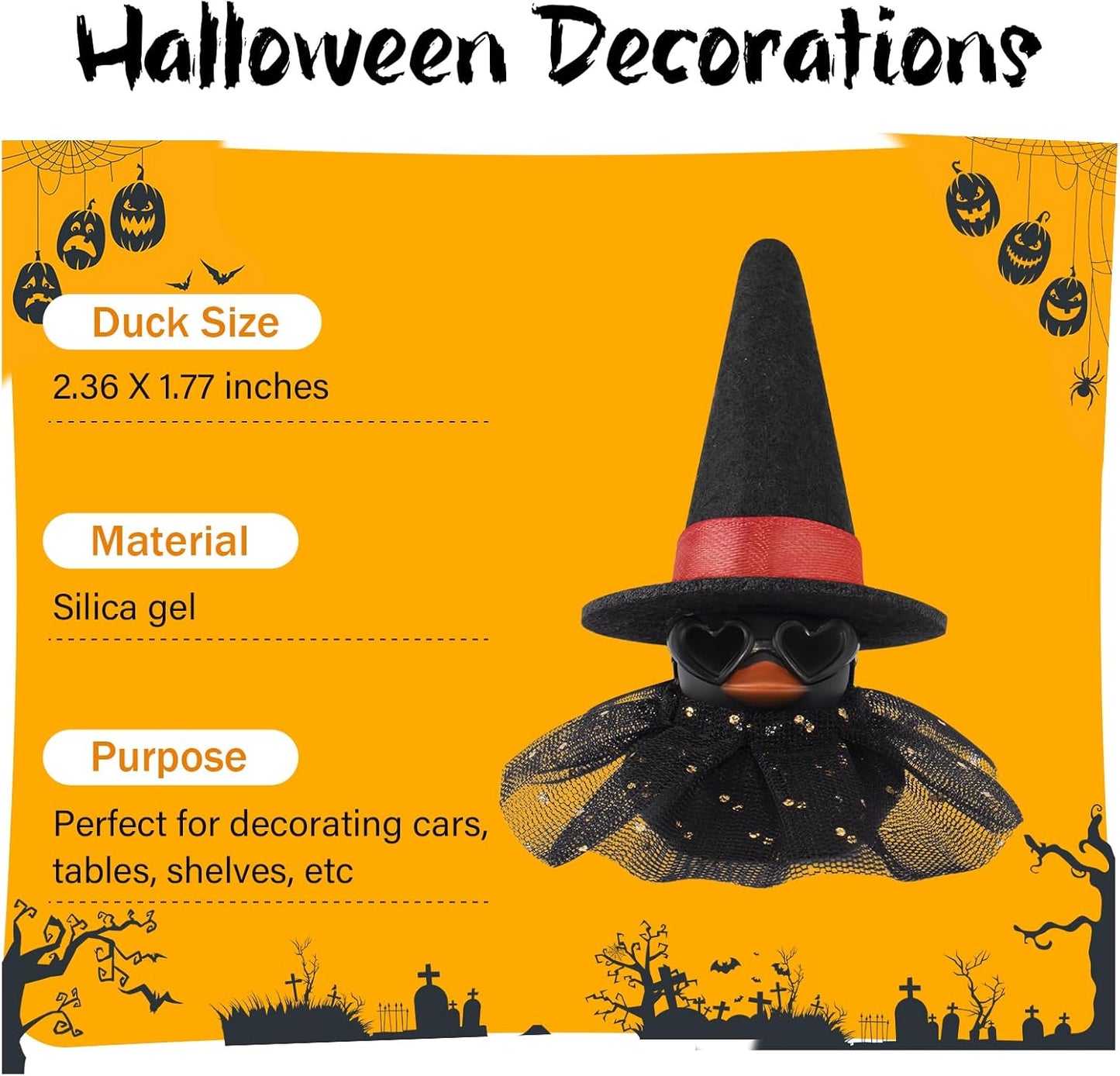 wonuu Car Dashboard Witch Black Rubber Ducks for Halloween, Decorations Duck for Office Desk Ornament Accessories with Hat Glasses Skirt, Red