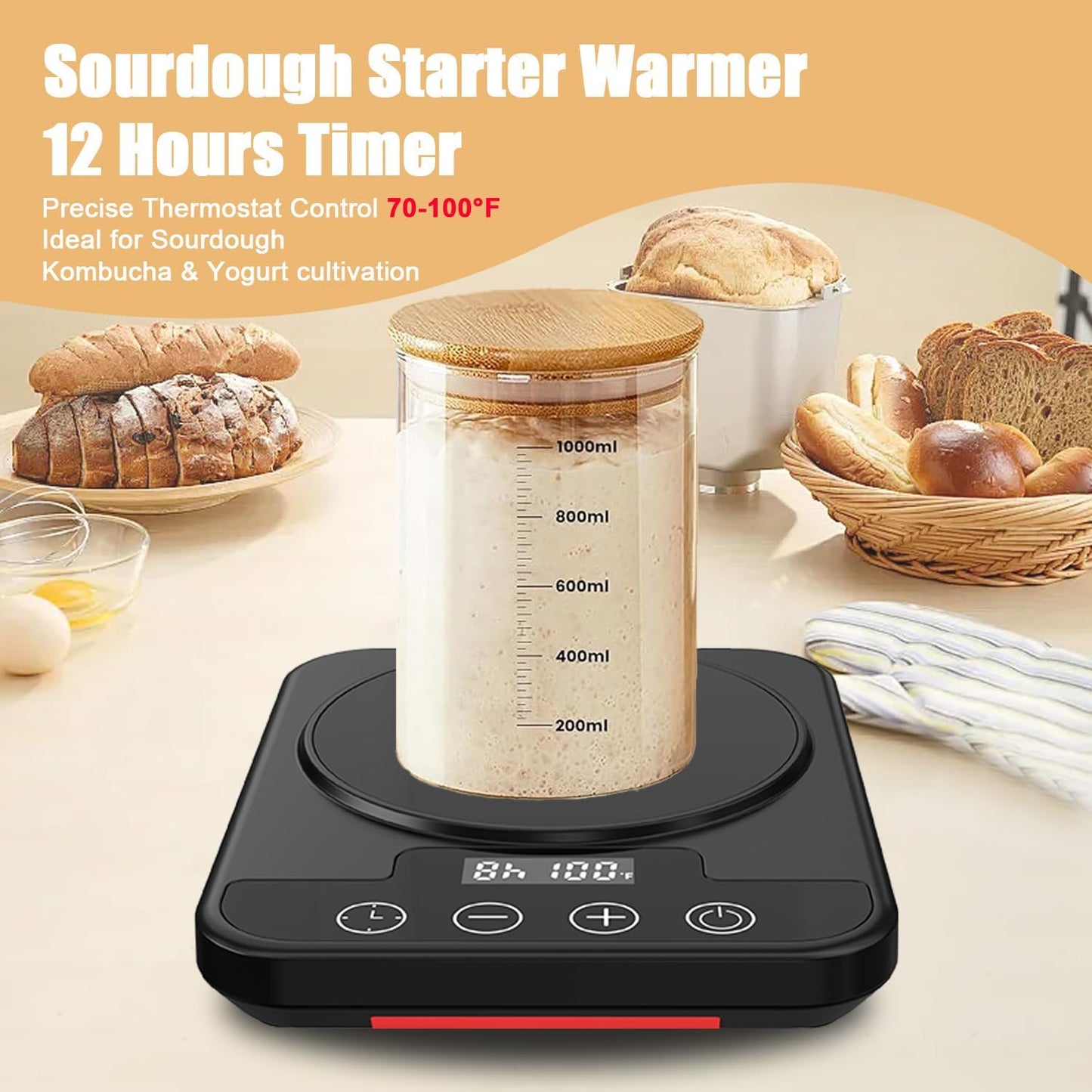 Sourdough Starter Warmer Mat, 12H Timer Warming Heating Pad, Precise 1°F Thermostat Control (70-100°F), Smart Memory Warming On/Off, Fits Jars Up to 40oz, Perfect for Home Baking (Black)