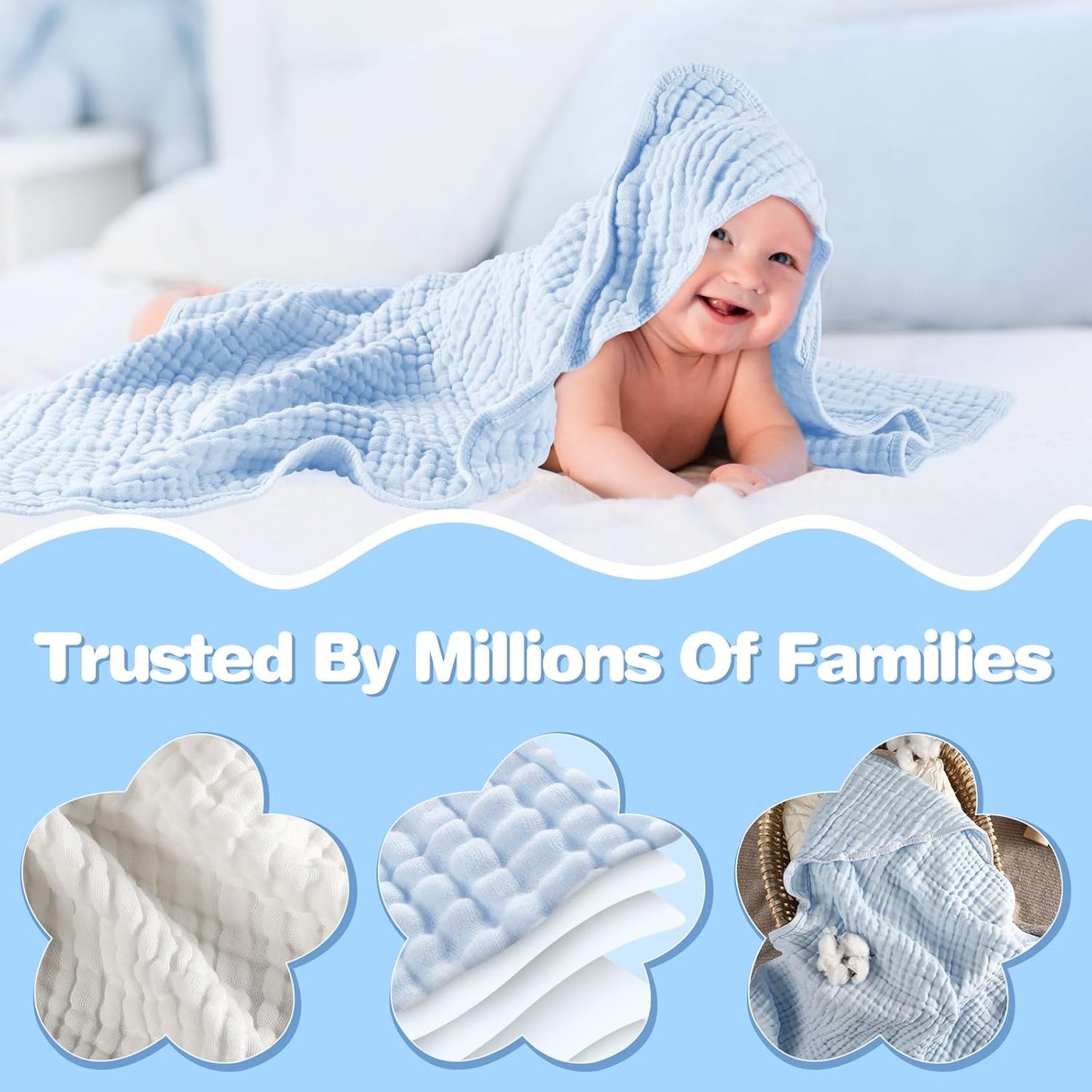 MUKIN Baby Hooded Towels, Muslin Cotton, 2-Pack, for Newborn, Infant, Toddler and Kids (White,Blue)