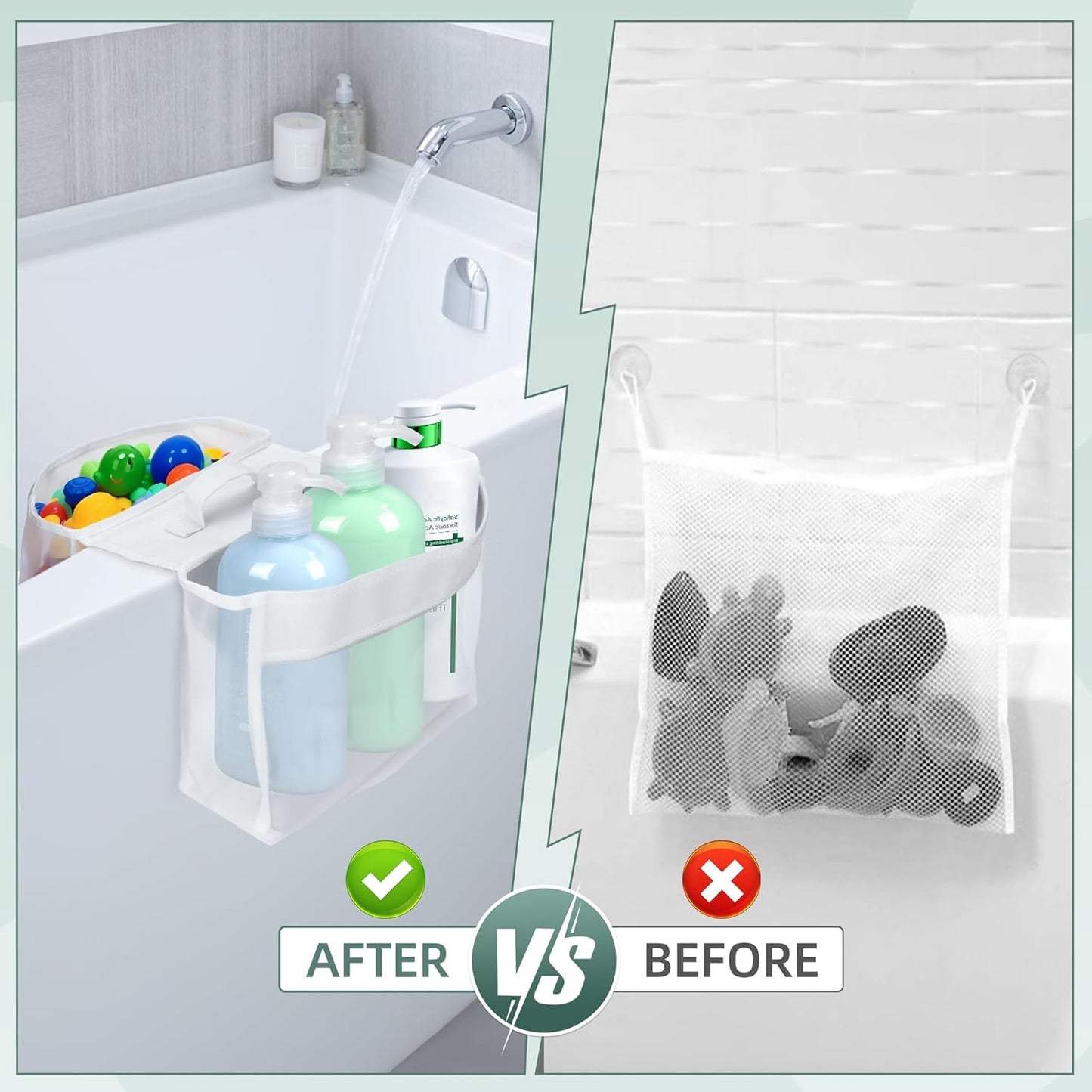Bath Toy Storage, 2 Compartments Bathtub Toy Storage, Easy to Place, Mesh Material Bath Toy Holder Keeps Toys Dry and Breathable, Shower Toy Holder for Bathtub Developing Children's Storage Habits