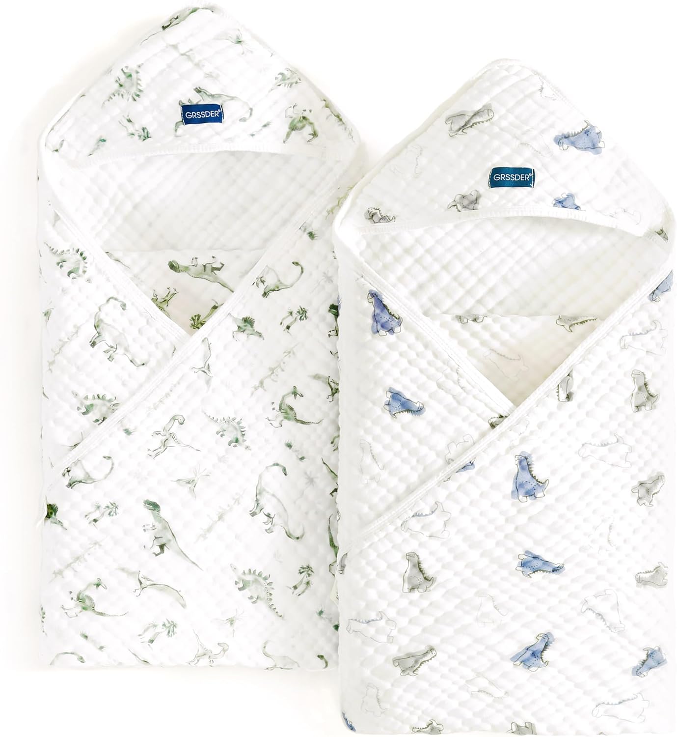 GRSSDER Ultra Soft Absorbent Muslin Cotton Baby Hooded Towel 2 Pack with Original Patterns, Extra Large Size 35"x 35" Swaddle Wrap for Newborn Infant and Toddler