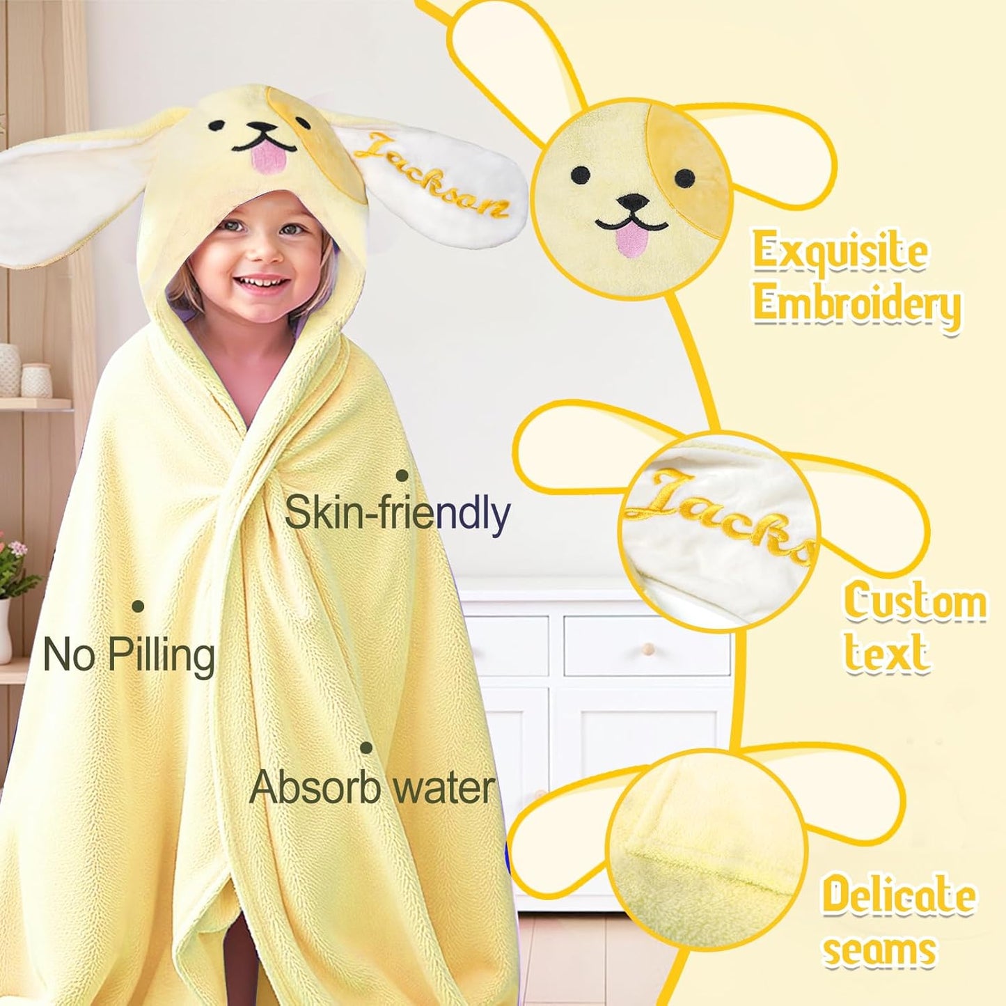 Custom Hooded Bath Towel with Name, Personalized Highly Absorbent Bunny Towels, Baby Bath Towels for Girls Boys, Brithday for Baby, Toddler, Newborn (Yellow-Dog)