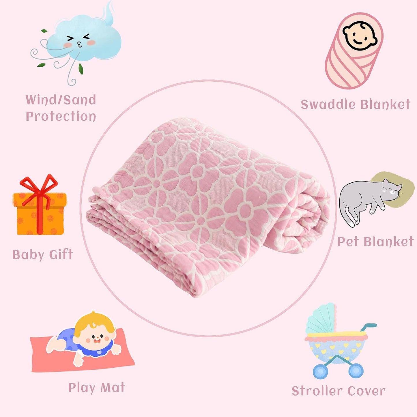 NTBAY 3 Layer Oversized Muslin Cotton Toddler Blanket, 45x60 Inches Jacquard Reversible Nursery Bed Blanket, Super Soft and Thermal Crib Blanket for All Seasons, Baby Gift, 45"x60", Pink Clover