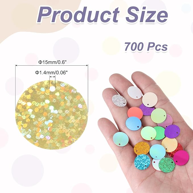 MECCANIXITY 700 Pcs Flat Round Sequins 15mm/0.6 Inch Loose Paillettes Craft