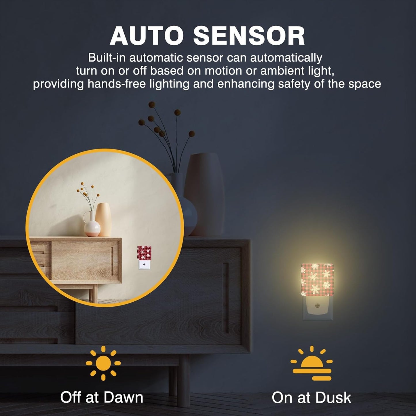 Christmas Snowflakes Night Light, Red and Black Checkered Plug-in Nightlight with Dusk to Dawn Auto Sensor for Home Bedroom Hallway Kitchen 0.5W Sleep Friendly Led Lamp for Women Men