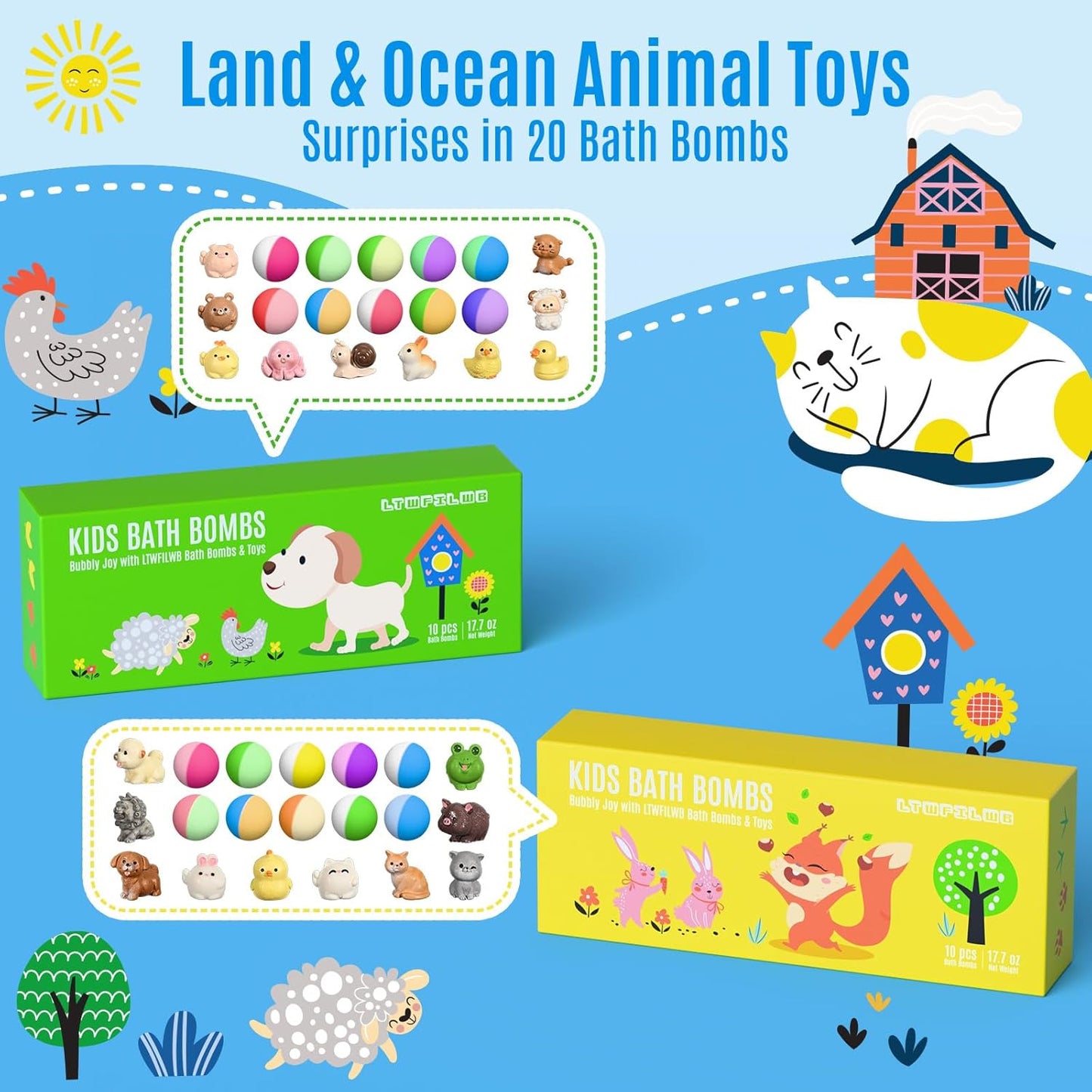 Bath Bombs for Kids with Toys Inside, 20 Kids Bath Bombs with Animal Toys Inside, Skin-Friendly, Non Toxic, Handmade Organic Natural Bubble Bath Fizzies, Birthday Gifts for Girls Boys