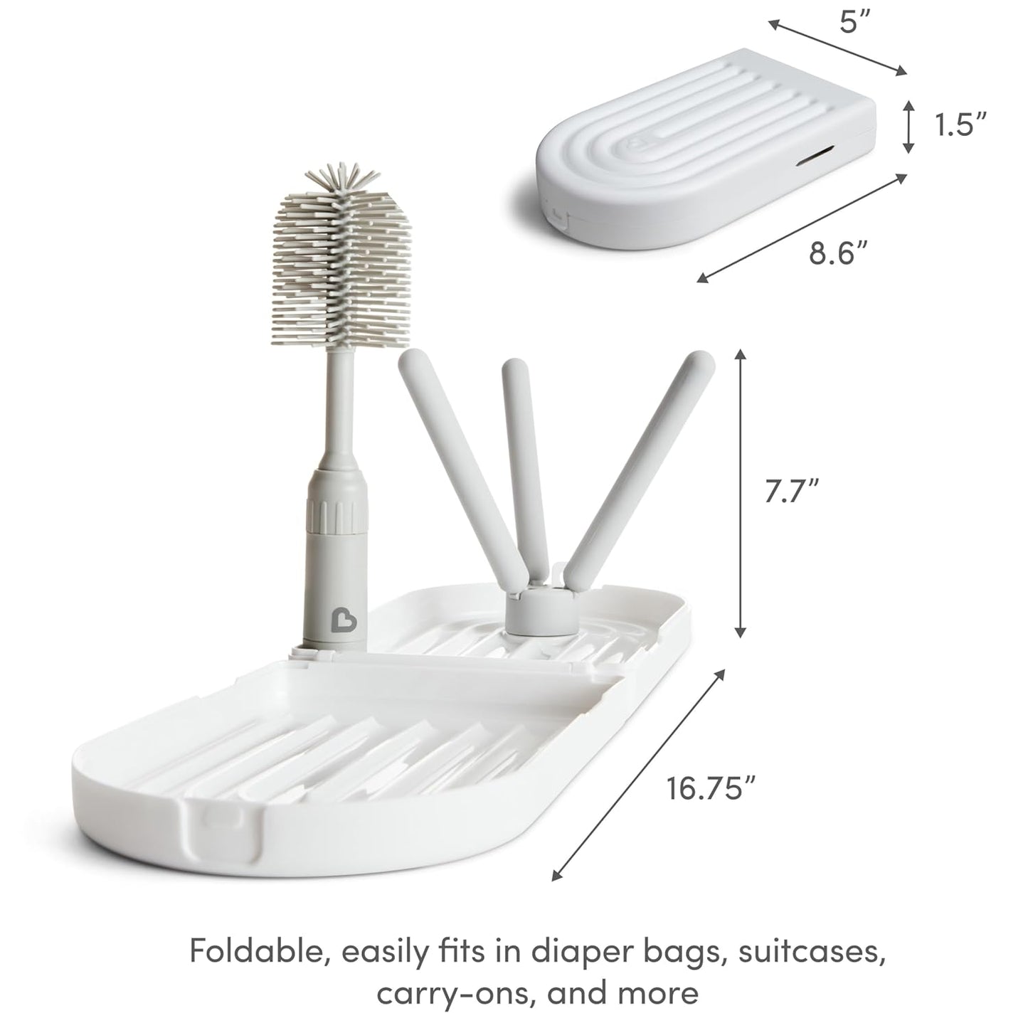 Munchkin® Travel Baby Bottle Drying Rack with Silicone Bottle Brush - Compact and Foldable, Fits Easily in Diaper Bags for On-The-Go Use