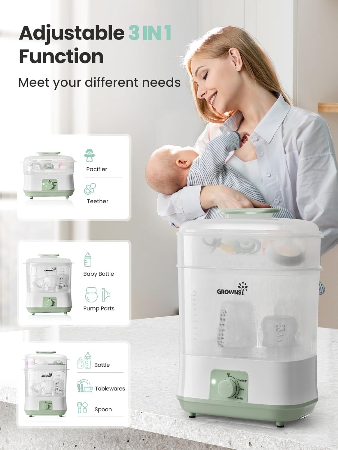 GROWNSY Adjustable 3 in 1 Large Bottle Sterilizer and Dryer, Electric Steam Baby Bottle Sterilizer, Bottle Sanitizer for Baby Bottles & Pacifiers, Breast Pump Parts Green