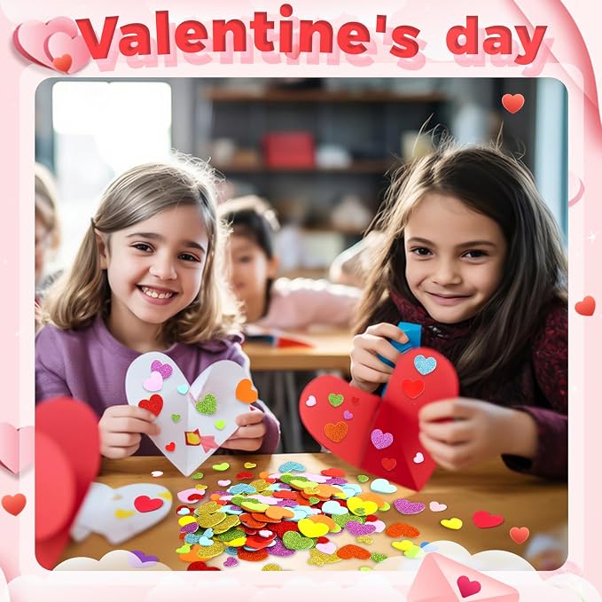 600Pcs Glitter Foam Heart Stickers Valentines Day Love Sticker | 3 Sizes