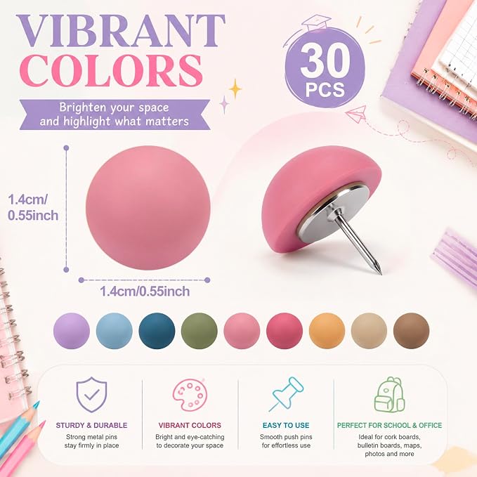 Epakh 30 Pcs Dome Thumb Tacks Decorative Push Pins Colorful Cute Push Pin