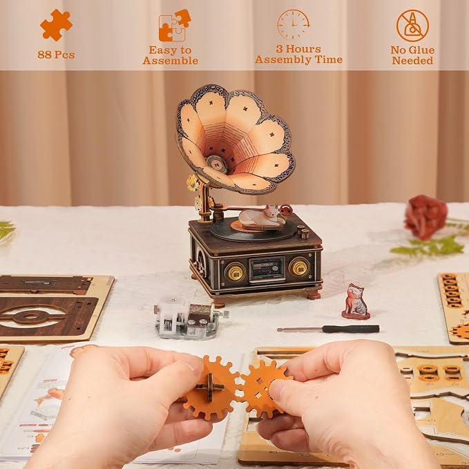 3D Wooden Puzzle Mechanical Gramophone, Wood Model Kits