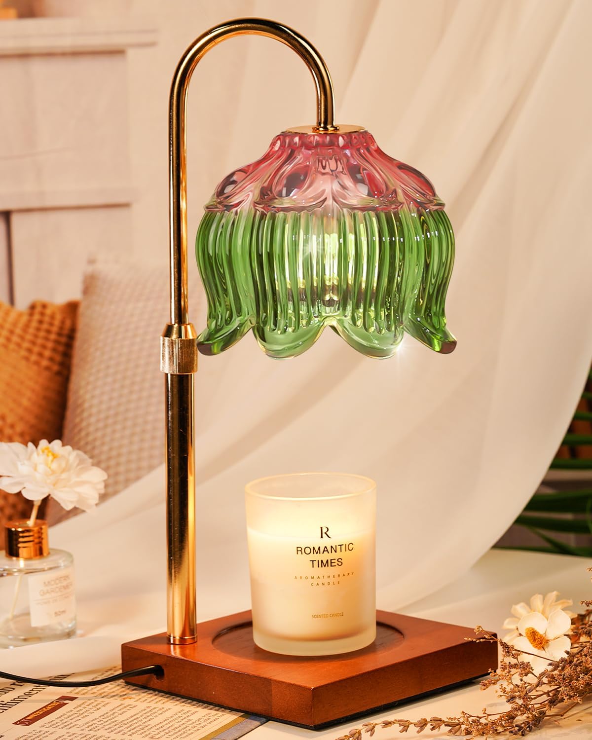 Flower Candle Warmer Lamp with Timer Dimmable, Adjustable Height Gifts for Women Mom Birthday Christmas House Warming Gifts New Home Bedroom Decor, Lotus Candle Warmer Light for Jar Candle Pink Green