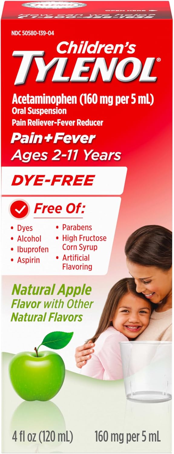 Children's Tylenol Liquid Pain Relief & Fever Medicine, Acetaminophen Oral Suspension, Free of Dyes, Aspirin, Ibuprofen, High Fructose Corn Syrup; Natural Apple Flavor, 4 fl. Oz