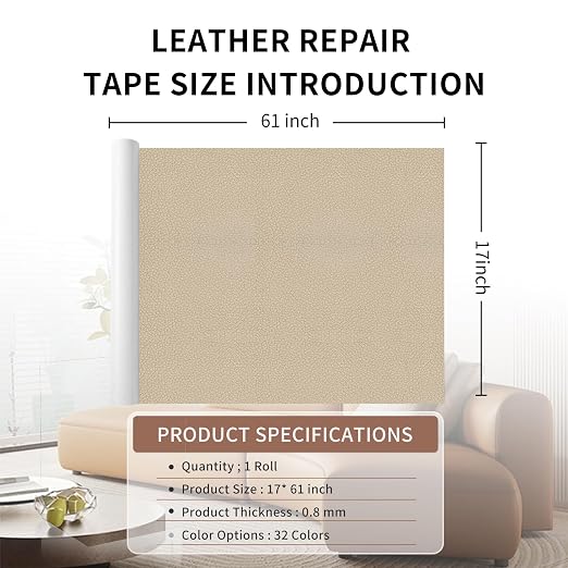 Leather Repair Patch Tape, Light Beige 17 x 61 Inches Self Adhesive Leather