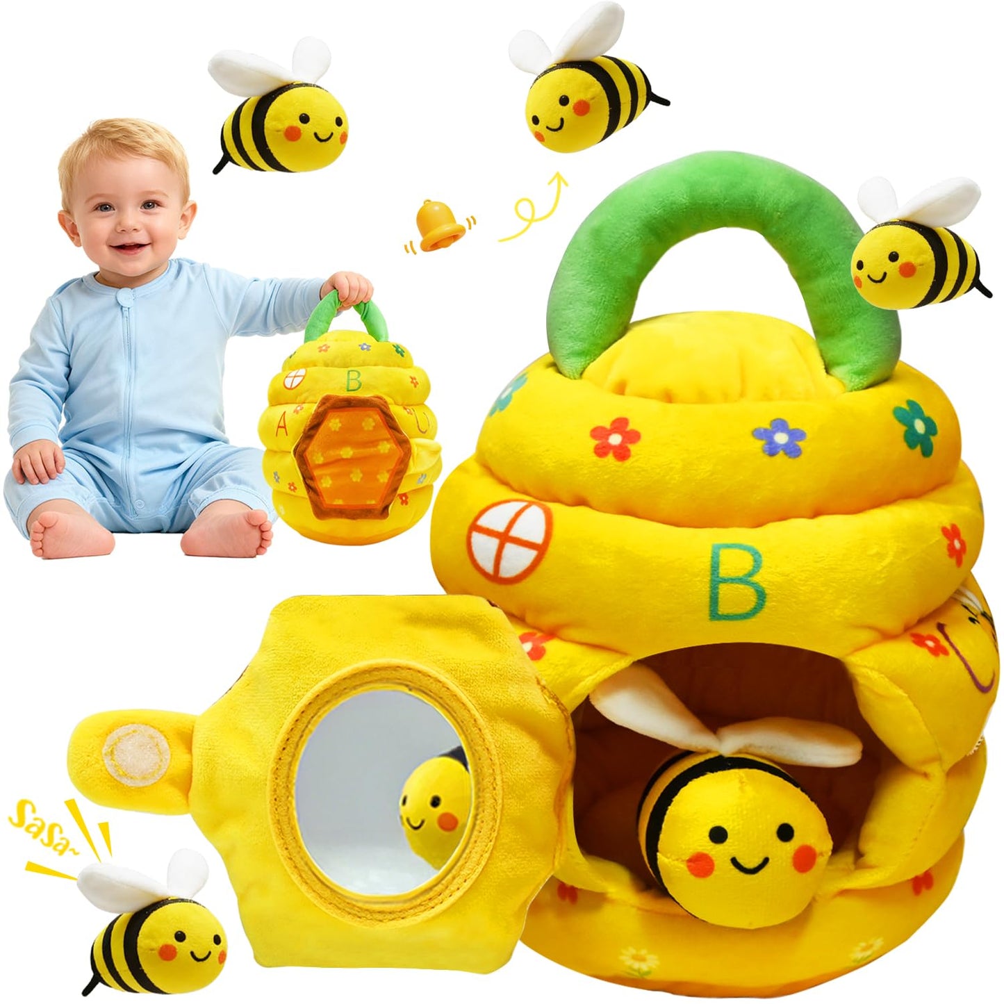 Bee Hive Baby Toys 6-12 Months, Soft Beehive with 5 Stuffed Bees, Crinkle, Rattles, Squeaker, Jingle Bells, Mirror, Montessori Toys Sensory Baby Shower Birthday Christmas Gift