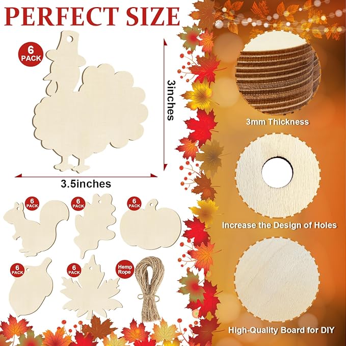 36PCS Wooden Fall Ornaments to Paint Thanksgiving Decorations, 6 Styles DIY