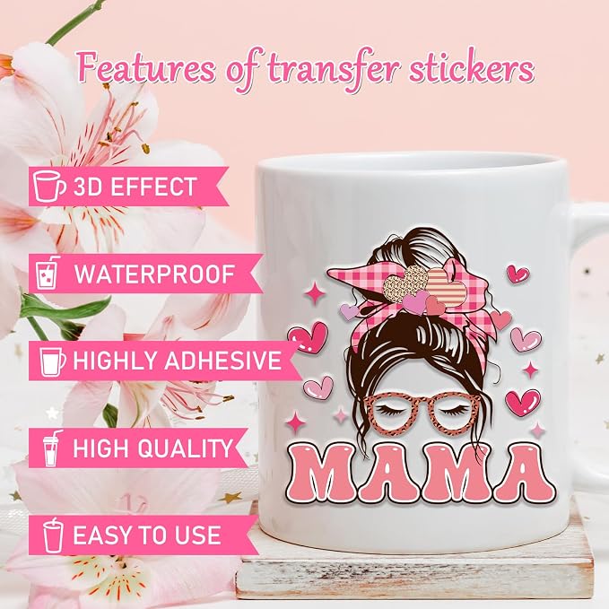 Rngmsi 20 Sheets Mom UV DTF Cup Wrap, Mama Waterproof Cold UV DTF Stickers |