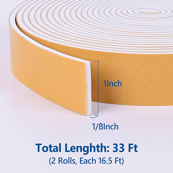 Self-Adhesive Weatherstrip 1in x 1/8in x 33Ft High Density Foam Insulation