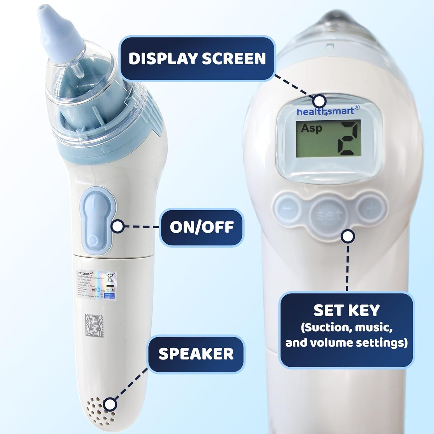 HealthSmart Nasal Aspirator for Baby – Perfect Gift for Moms & Baby Registry -3 Suction Levels, 3 Silicone Tips, Ergonomic Electric Nose Sucker with Built-in Nursery Rhymes