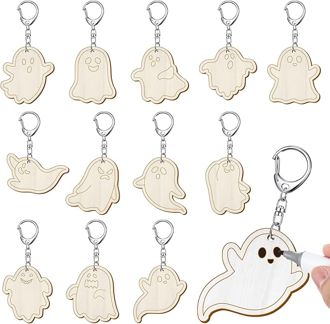 RattanView 24 Pcs Ghost Craft Color Your Own Keychains DIY Craft Wooden Blank