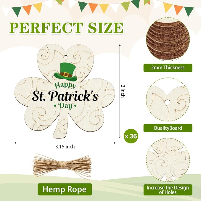36PCS Wooden Shamrock Ornaments to Paint St. Patrick's Day Decorations
