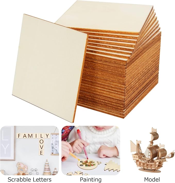 100 Pieces 3x3 Inch Wood Squares Unfinished Basswood Plywood Wooden Sheets 1/8