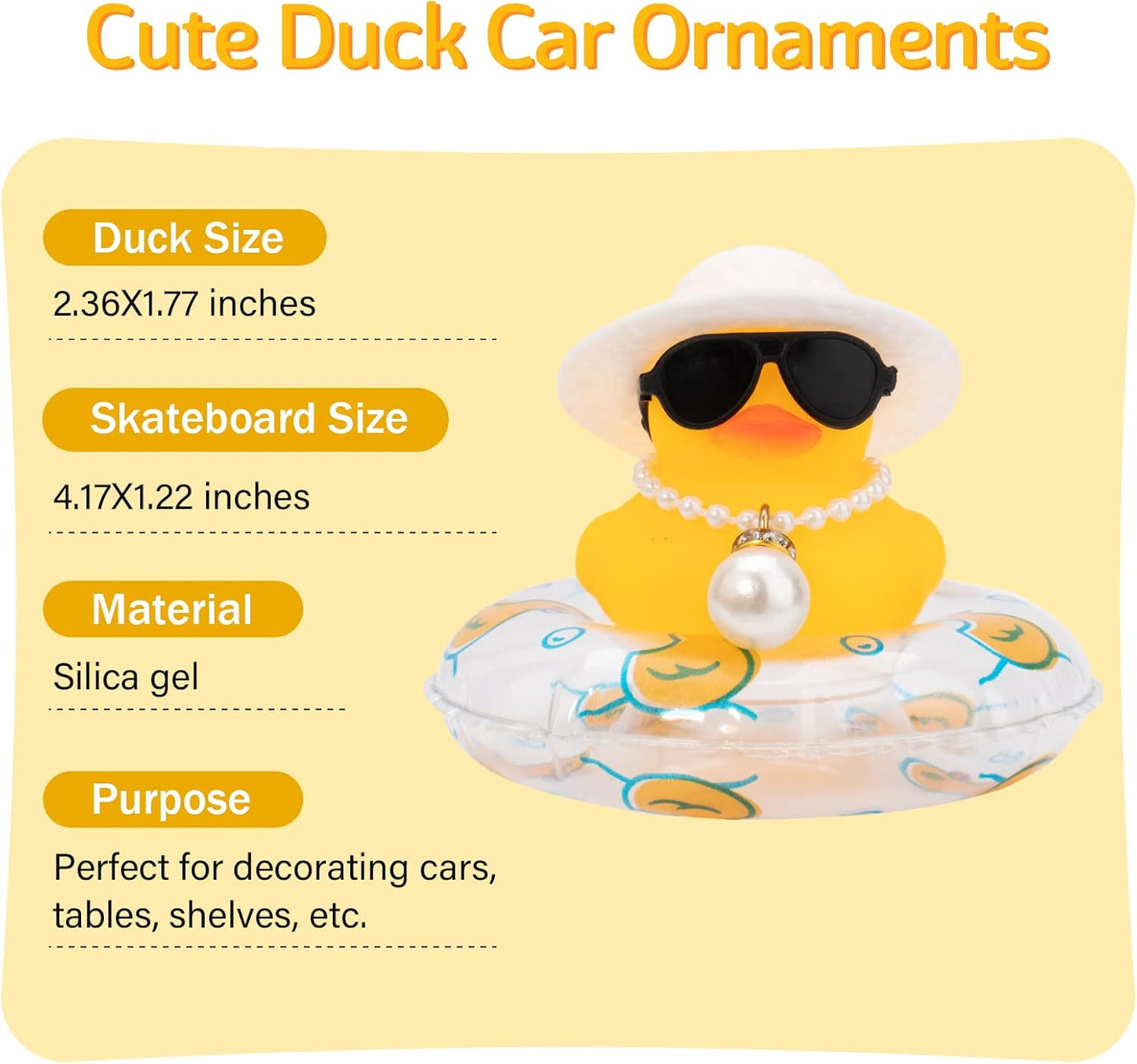 wonuu Car Rubber Duck, Yellow Duck Decoration Dashboard with Sun Hat Swim Ring Necklace Sunglasses for Car Dashboard Decorations