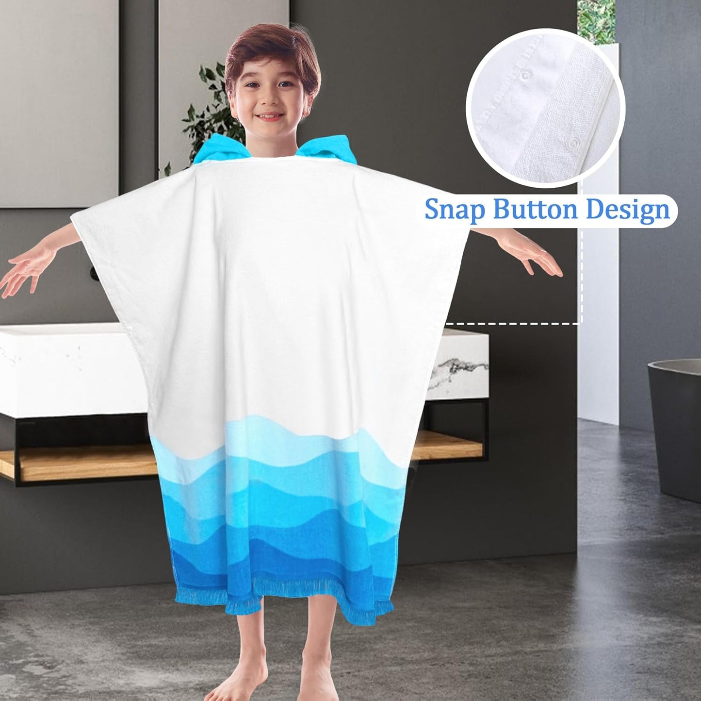 VOOVA & MOVAS Hooded Bath Towel for Boys| Girl | Teens (8-16Years), 100% Cotton Thick Poncho Towel Robe for Big Kids, Perfect for Pool, Beach,Bathroom,Waves Tassels