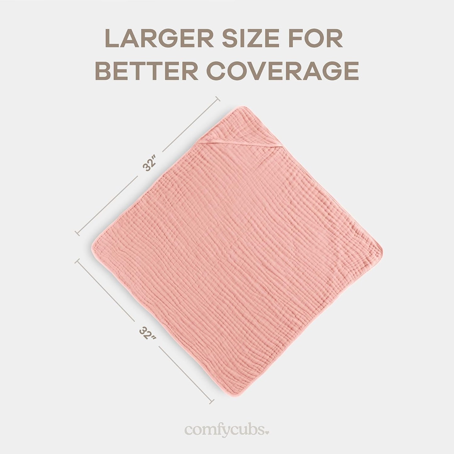 Comfy Cubs Hooded Baby Towel 2-Pack, Large 32 x 32 Inch - 6 Layer 100% Muslin Cotton for Babies, Toddlers and Kids - Soft & Absorbent Baby Bath Towels - Unisex Design for Bath Time - Bold Blush