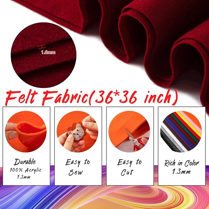 HaoFeijh Red Felt Fabric 36" x 36", 1.4mm Thick Soft Felt Fabric Sheet