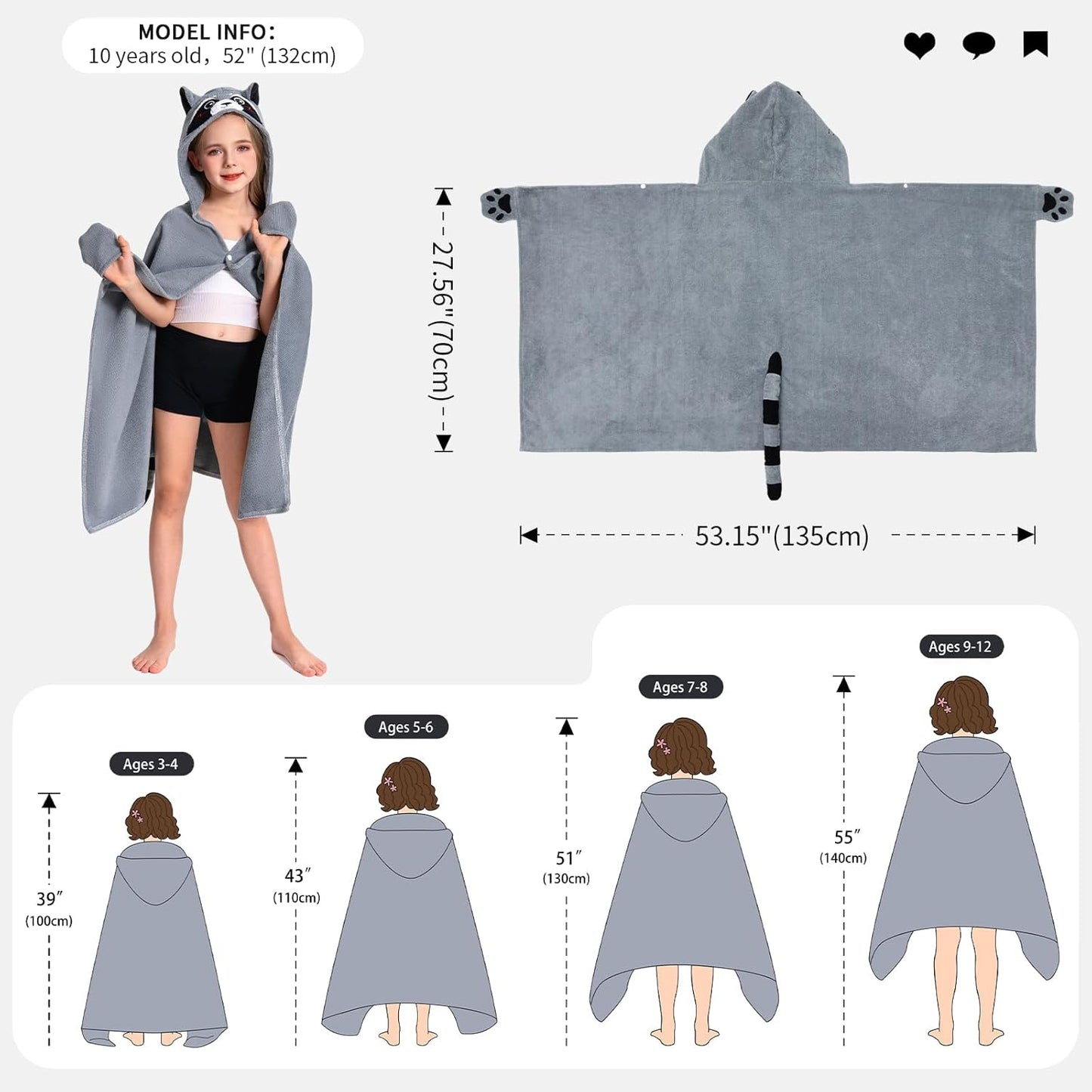 OLAOLA Raccoon Hooded Towel for Kids 3-12 Years, 28" x 53" Soft Thick Absorbent Beach Towels, Toddler Bath Towel Wrap, Swim Pool Towels Poncho for Boys Girls