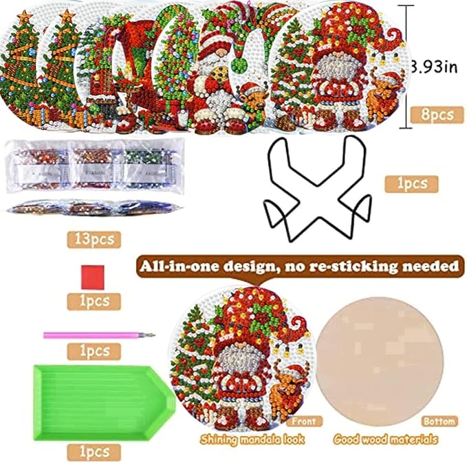 8 Pack Diamond Art Coasters, Christmas Gnome Diamond Painting Coasters Kits |