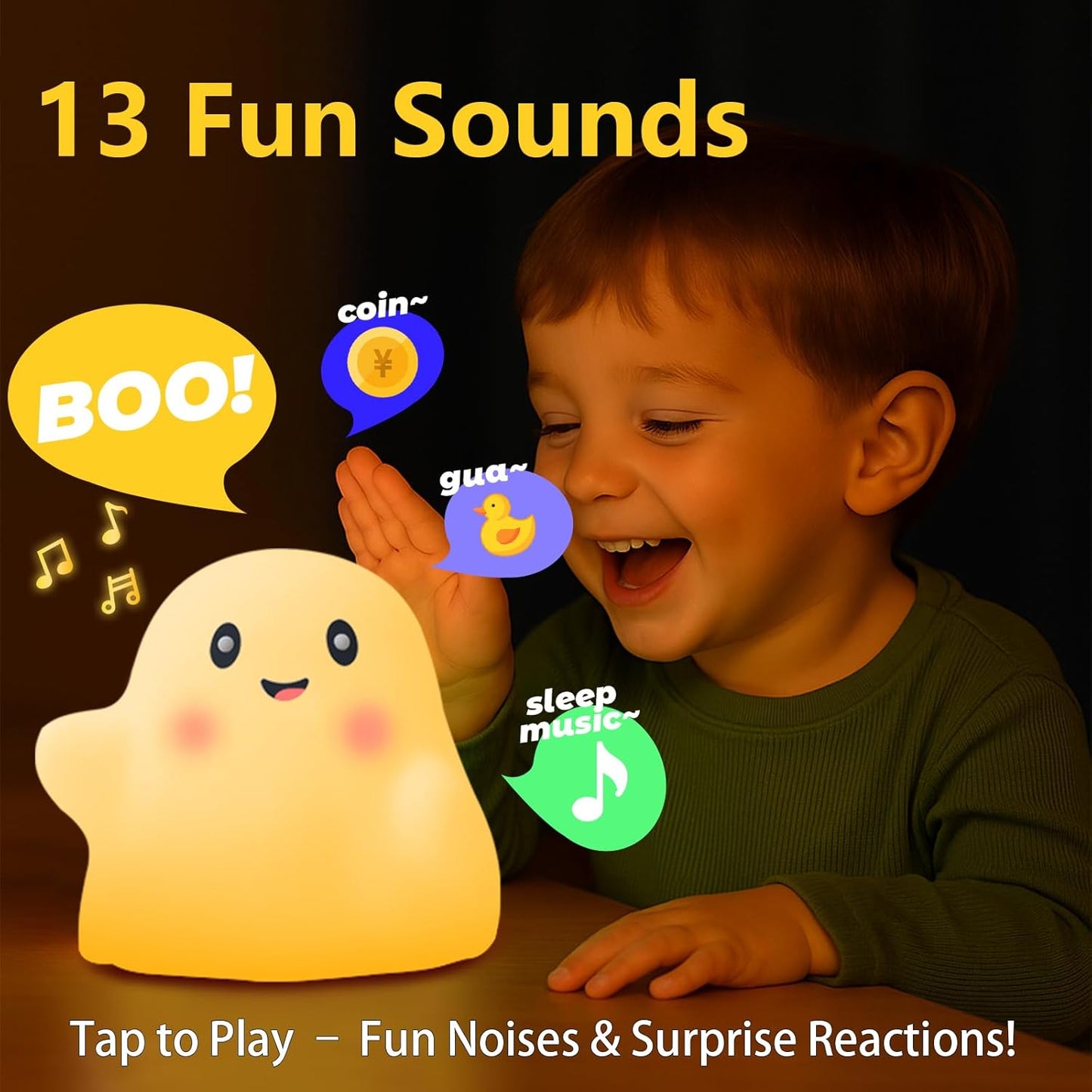 Ghost Night Light for Kids – Gift & Fun Toy for Kids, Touch Tap Lamp with Sounds, Squishy Silicone, Eye-Safe LED, 30-Min Timer, Dimmable Rechargeable Bedside Table Lamp – Gift for Boys & Girls