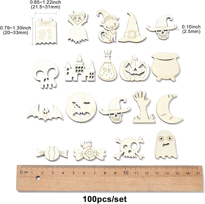 200 Pcs Unfinished Wooden Halloween Cutouts, Wooden Crafts