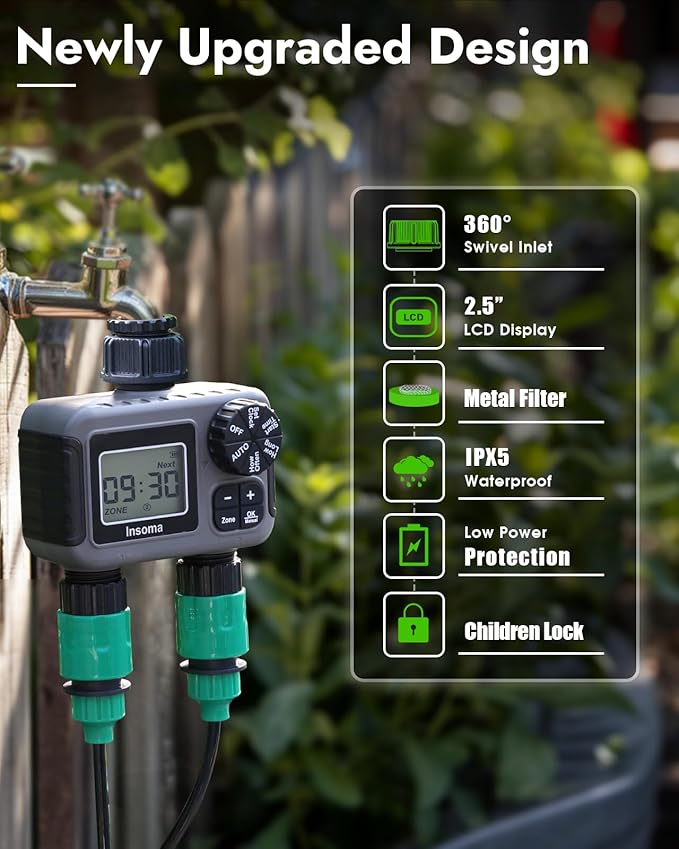 Insoma 2-Zone Sprinkler Timer, Programmable Garden Hose Timer with Auto/Manual/Rain Delay Modes | Water-Saving Irrigation Controller for Lawn, Yard & Drip Systems | Waterproof Design & Easy Setup