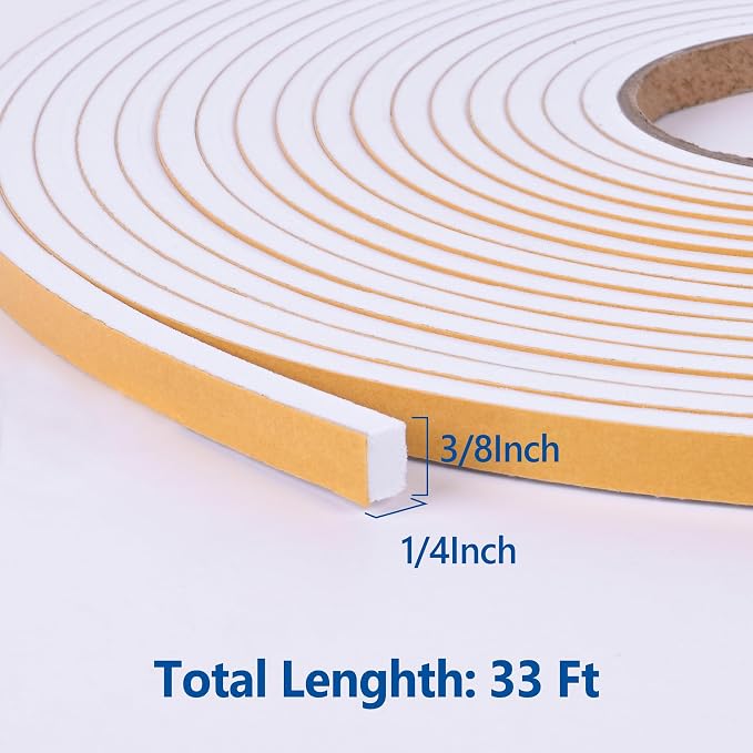 Kikerike Self Adhesive Foam Tape Weatherstrip 3/8in x 1/4in x 33Ft High Density