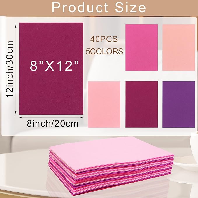 40 Pcs Stiff Felt Fabric Sheet for Crafts, 1mm Thick and 8”x12”Pink Series Felt