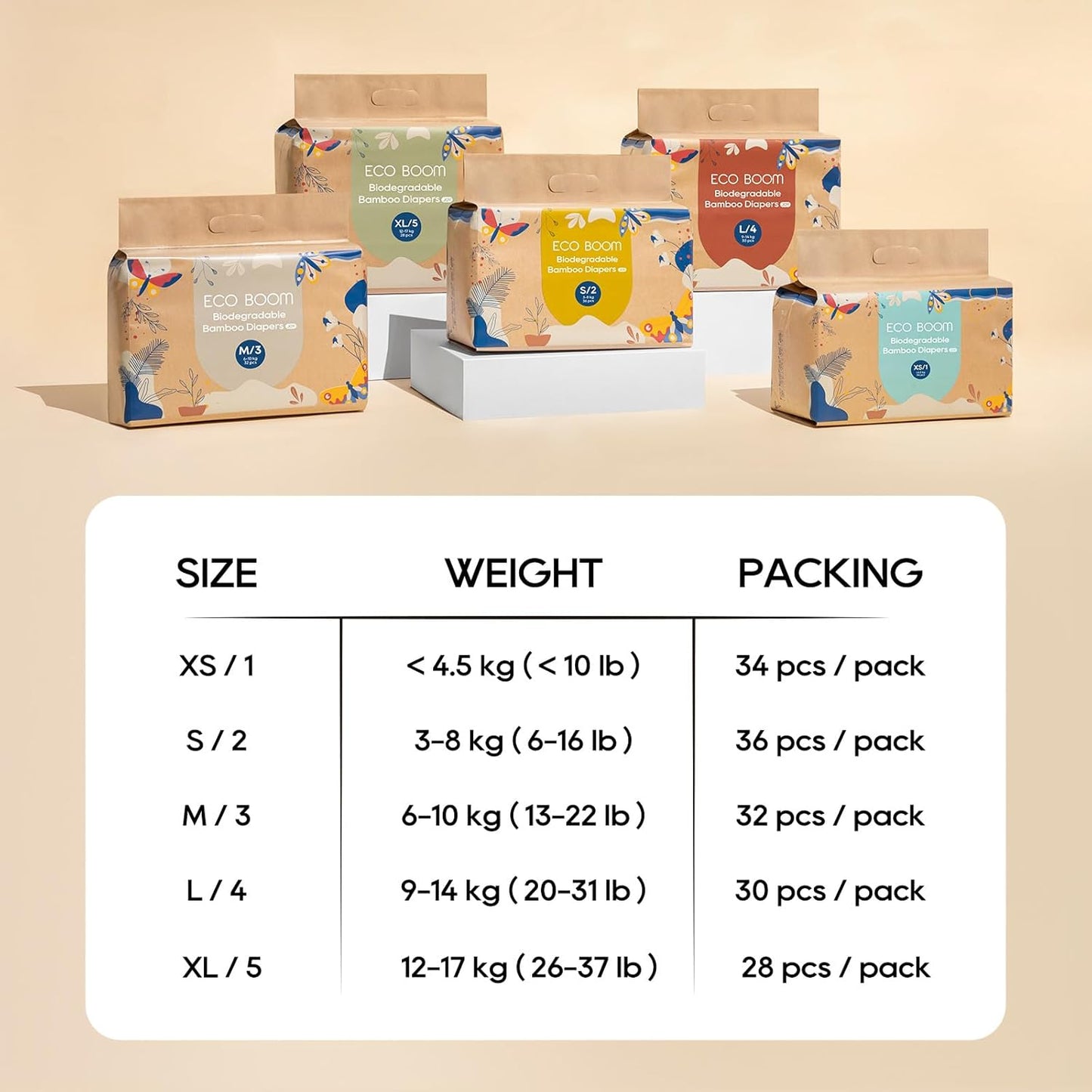 ECO BOOM Size 4 Diapers, Bamboo Viscose Diapers, Sustainable, Paper Packaging
