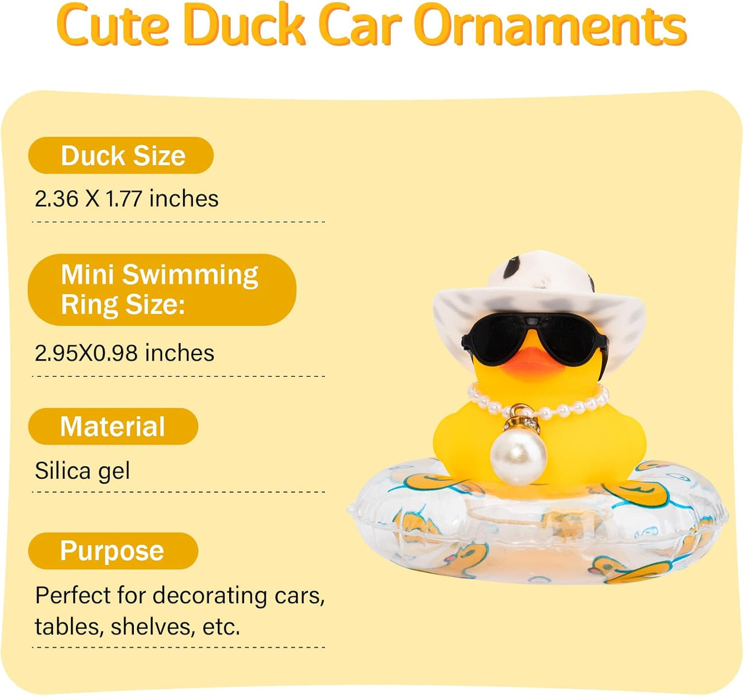 wonuu Car Rubber Duck, Yellow Duck Decoration Dashboard with Sun Hat Swim Ring Necklace Sunglasses for Car Dashboard Decorations, Black White Cowboy Hat-Transparent-Big Pearl